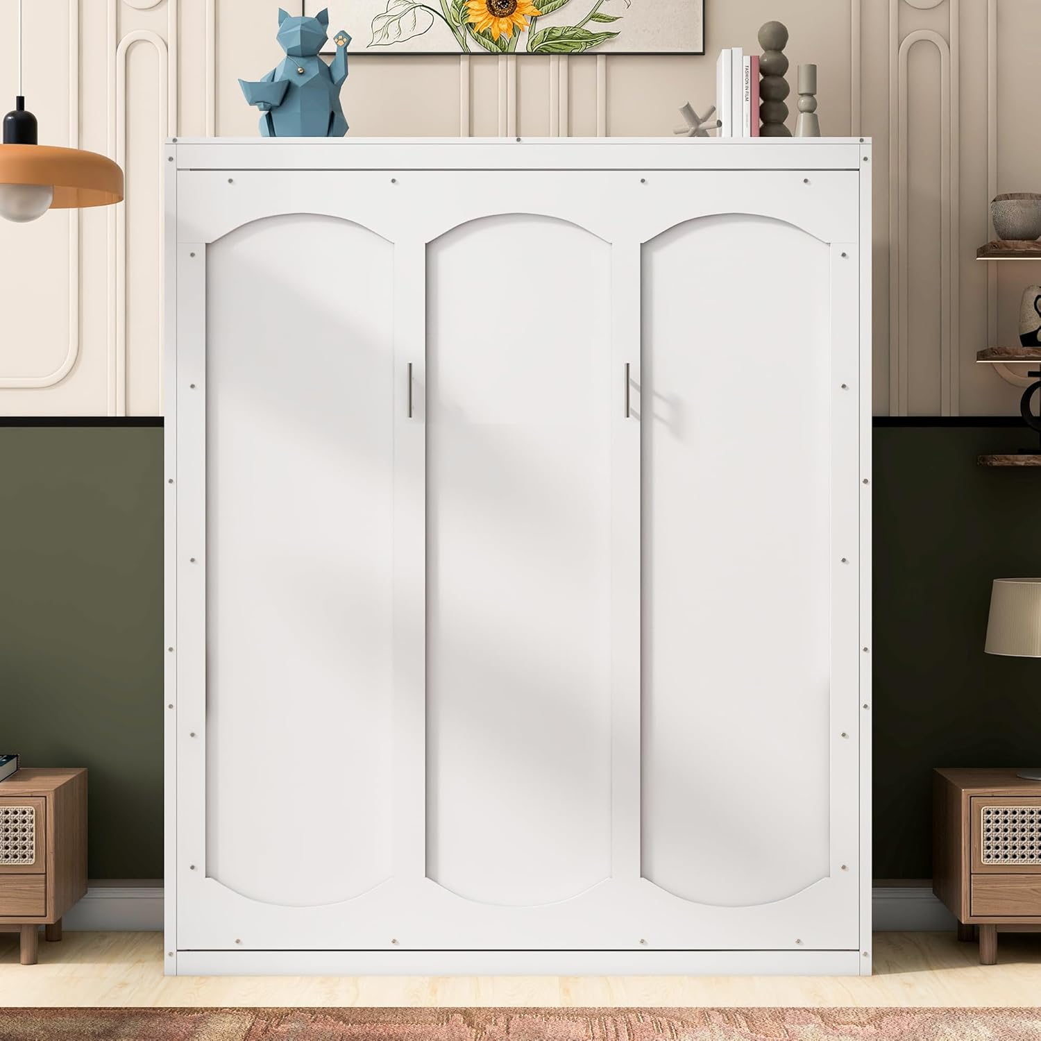 SOFTSEA Full Size Murphy Bed, Horizontal Folding Bed Frame with Storage Shelves, Wall Bed Frame Full Size, Solid Wood Murphy Bed for Small Place, Space-Saving, White SOFTSEA Full Size Murphy Bed, Horizontal Folding Bed Frame with Storage Shelves, Wall Bed Frame Full Size, Solid Wood Murphy Bed for Small Place, Space-Saving, White