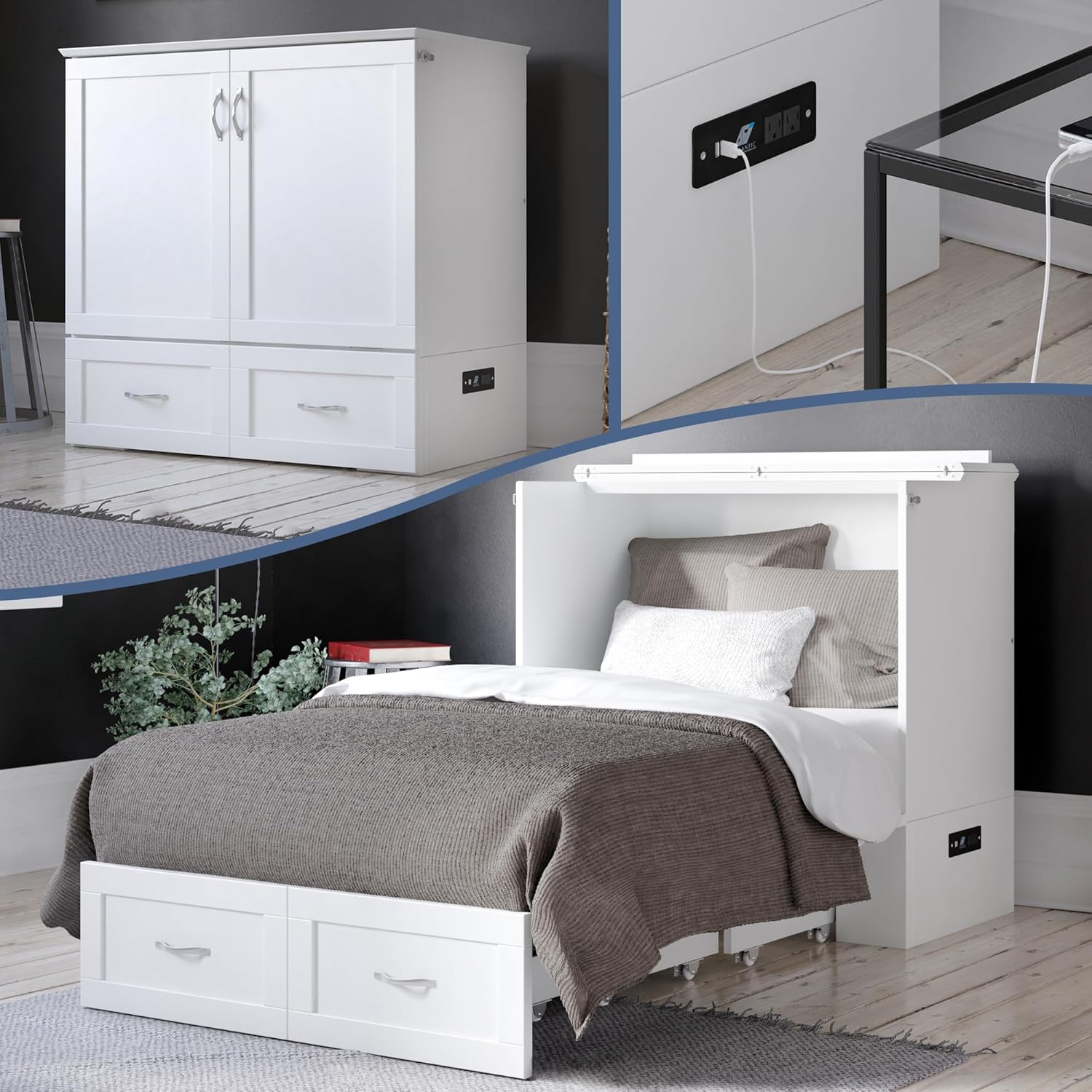 AFI, Hamilton Murphy Bed Chest with Storage and Charger, Twin XL, White