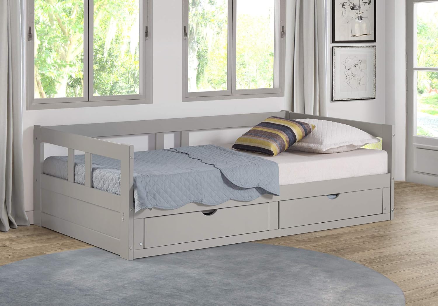 Alaterre Furniture Melody Extendable Brazilian Pine Twin to King Daybed with Trundle and Storage Drawers, for Childrens/Youth/Kids/Guest Bedroom Furniture, 400 Pound Capacity, Dove Gray