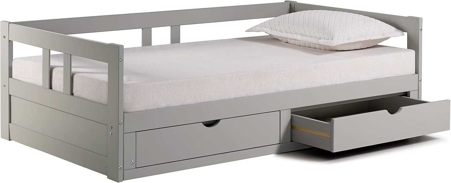 Alaterre Furniture Melody Extendable Brazilian Pine Twin to King Daybed with Trundle and Storage Drawers, for Childrens/Youth/Kids/Guest Bedroom Furniture, 400 Pound Capacity, Dove Gray