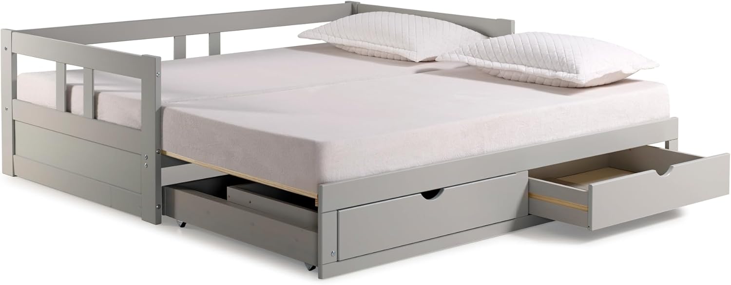 Alaterre Furniture Melody Extendable Brazilian Pine Twin to King Daybed with Trundle and Storage Drawers, for Childrens/Youth/Kids/Guest Bedroom Furniture, 400 Pound Capacity, Dove Gray
