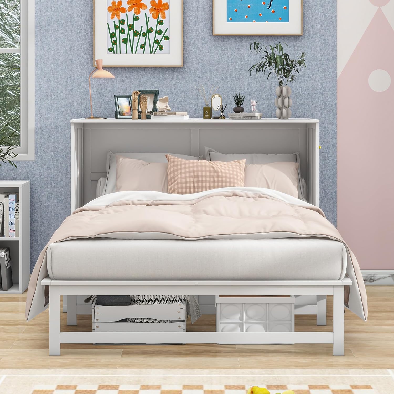 BOVZA Queen Murphy Bed Chest with Charging Station, Wood Murphy Cube Cabinet Bed with a Shelf/Desk for Guest Room or Home Office, White
