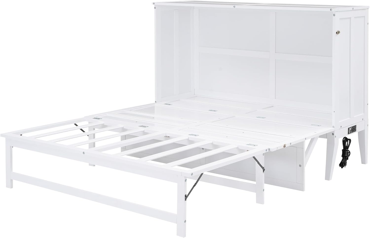 BOVZA Queen Murphy Bed Chest with Charging Station, Wood Murphy Cube Cabinet Bed with a Shelf/Desk for Guest Room or Home Office, White