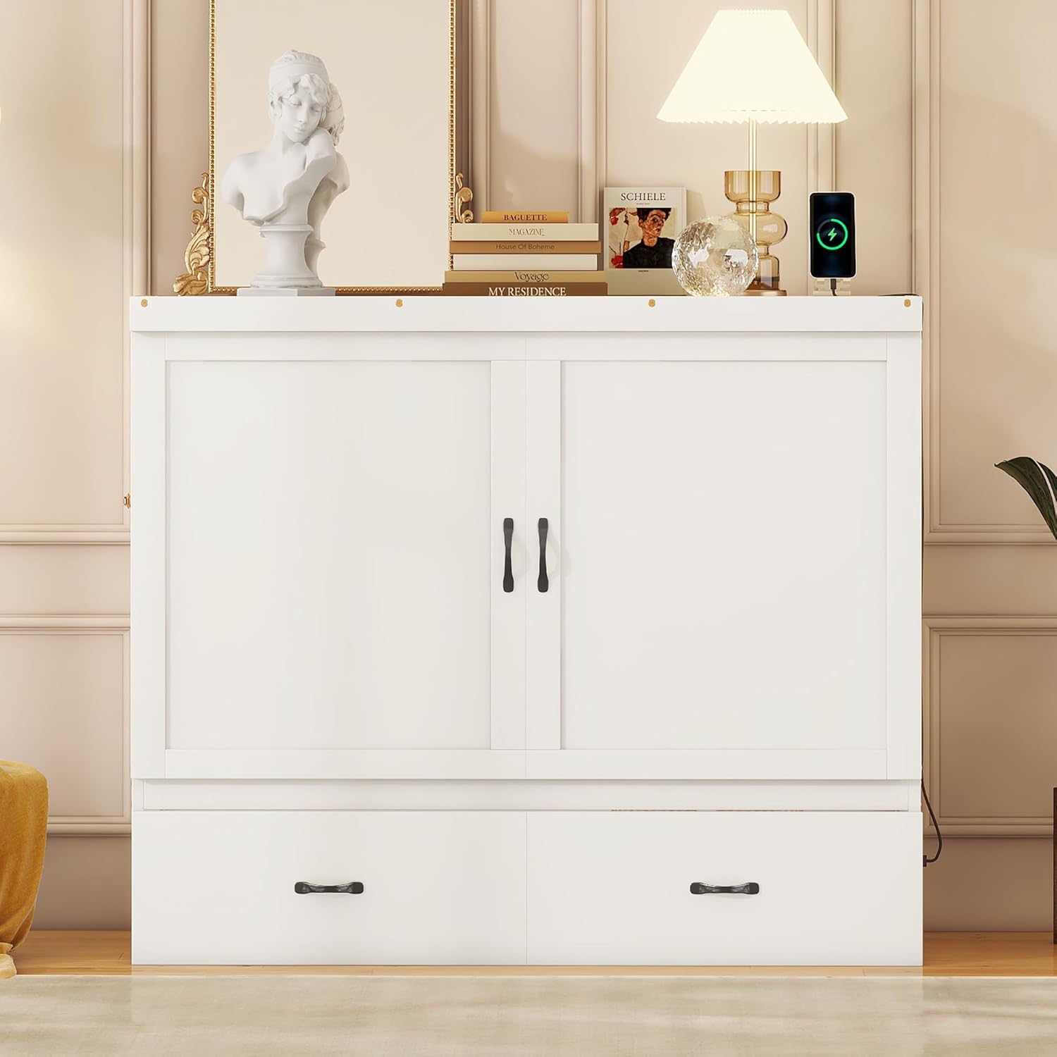 Modern Full Size Murphy Bed with USB Port and a Large Storage Drawer, Solid Wood Cube Cabinet Bed for Bedrooms, Apartments, Guest Rooms, Offices (White/Murphy Bed1)