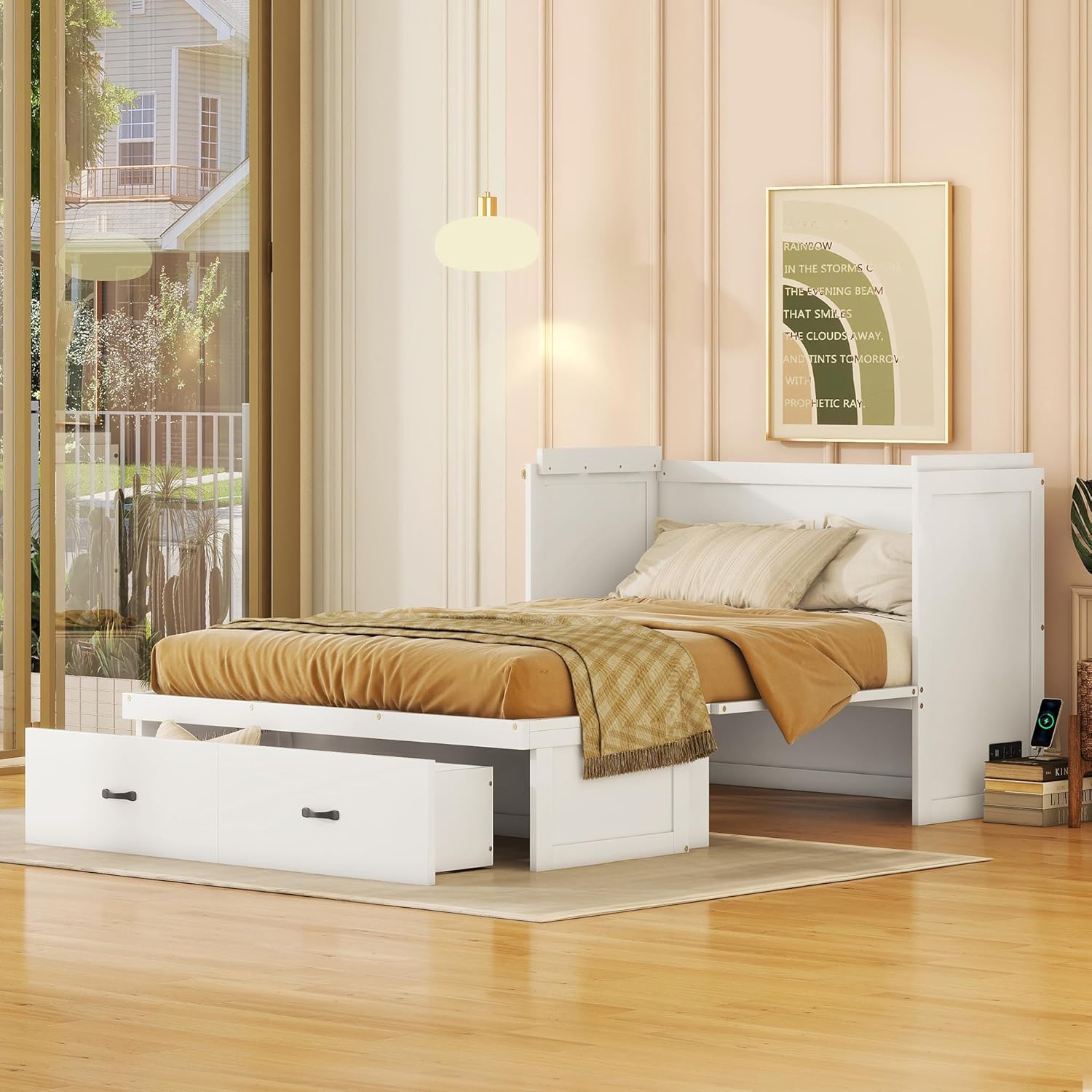 Modern Full Size Murphy Bed with USB Port and a Large Storage Drawer, Solid Wood Cube Cabinet Bed for Bedrooms, Apartments, Guest Rooms, Offices (White/Murphy Bed1)