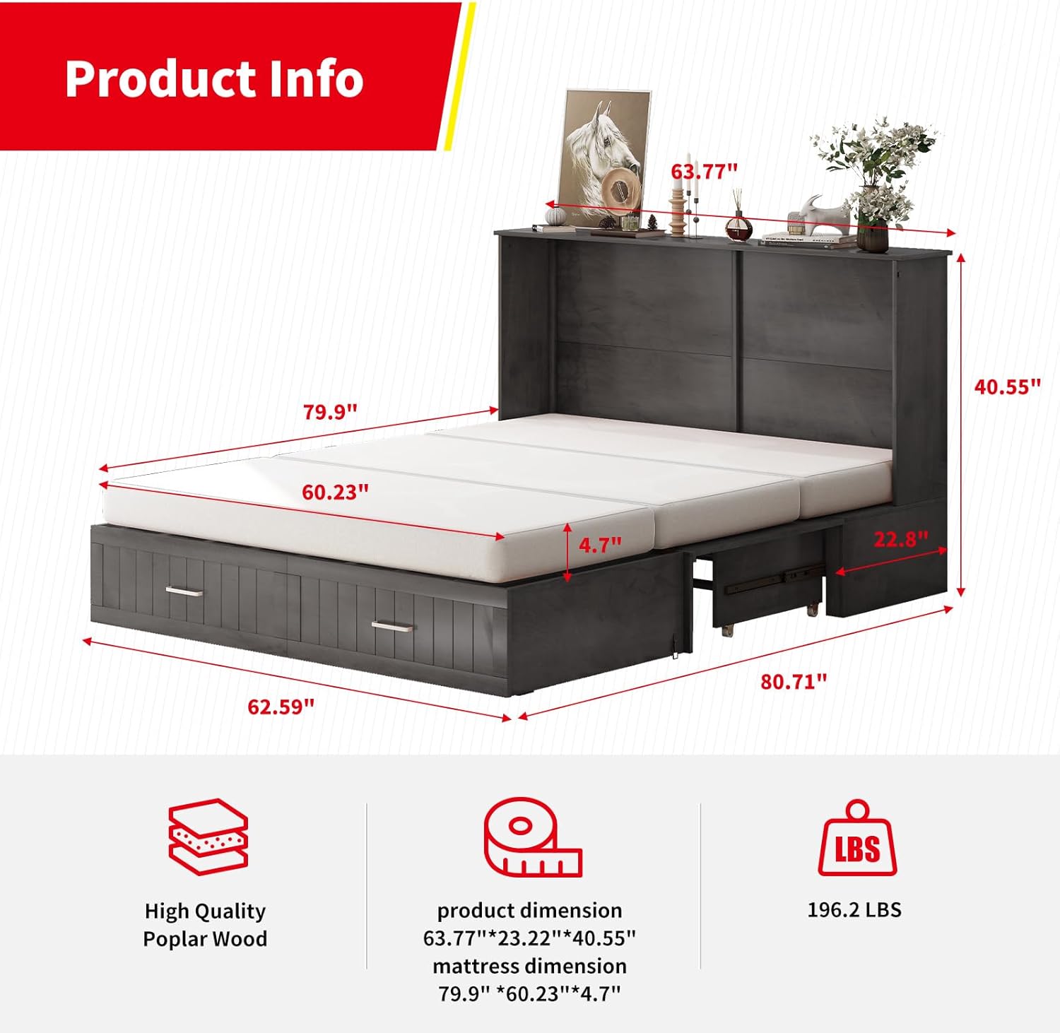 PUREMIND Murphy Bed Cabinet with Built-in Charging Station and Storage Drawer, Solid Wood Cabinet Bed Queen Size with Mattress, Murphy Cube Chest Bed for Guest Room, Home, Office,Gray