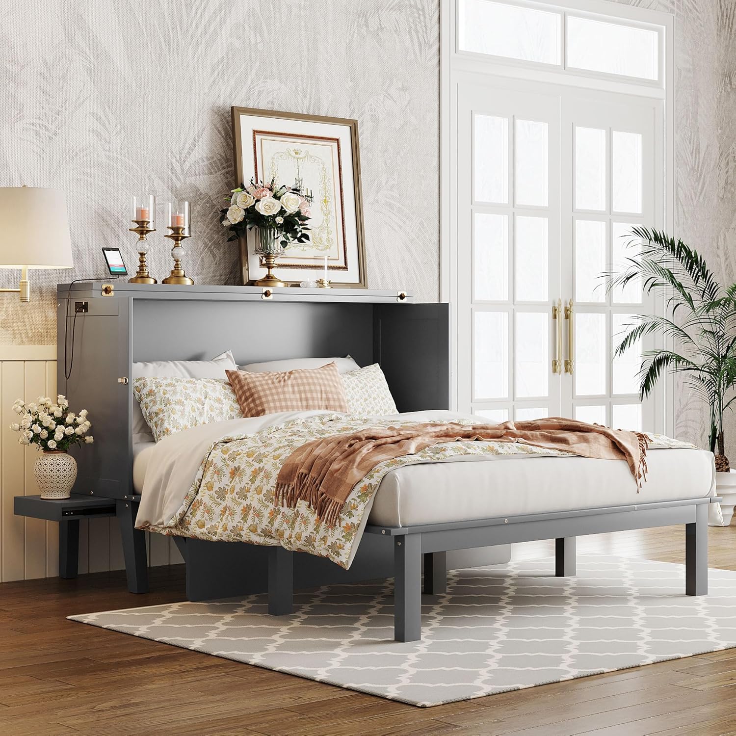 Queen Size Murphy Bed with USB Port and Removable Shelves on Each Side Queen Murphy Bed (Gray)