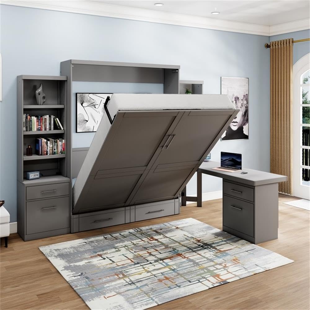 Queen Size Murphy Wall Bed in Solid Wood, with Storage and Shelves in Gray, No Box Spring Needed, Easy Assembly, Up to Weight Capacity