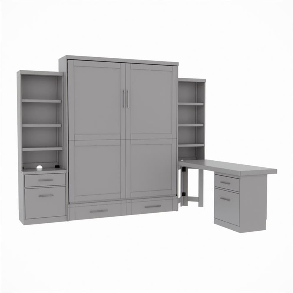 Queen Size Murphy Wall Bed in Solid Wood, with Storage and Shelves in Gray, No Box Spring Needed, Easy Assembly, Up to Weight Capacity