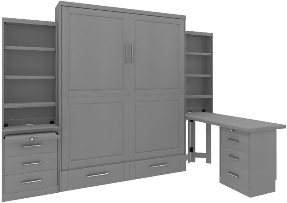 Queen Size Murphy Wall Bed in Solid Wood, with Storage and Shelves in Gray, No Box Spring Needed, Easy Assembly, Up to Weight Capacity
