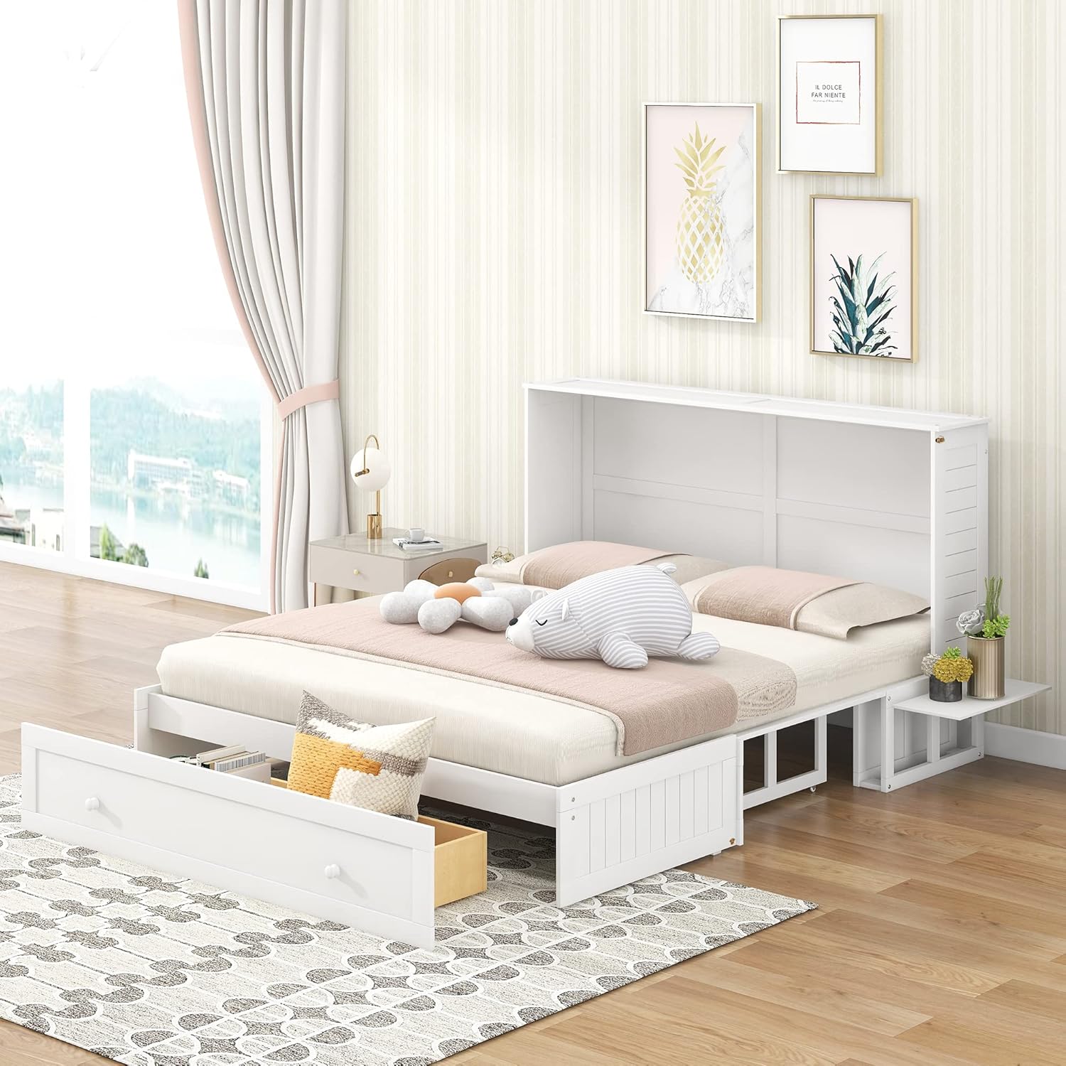 Harper  Bright Designs Queen Size Mobile Murphy Bed with Drawer and Little Shelves on Each Side, Wood Queen Size Bed Frame, White