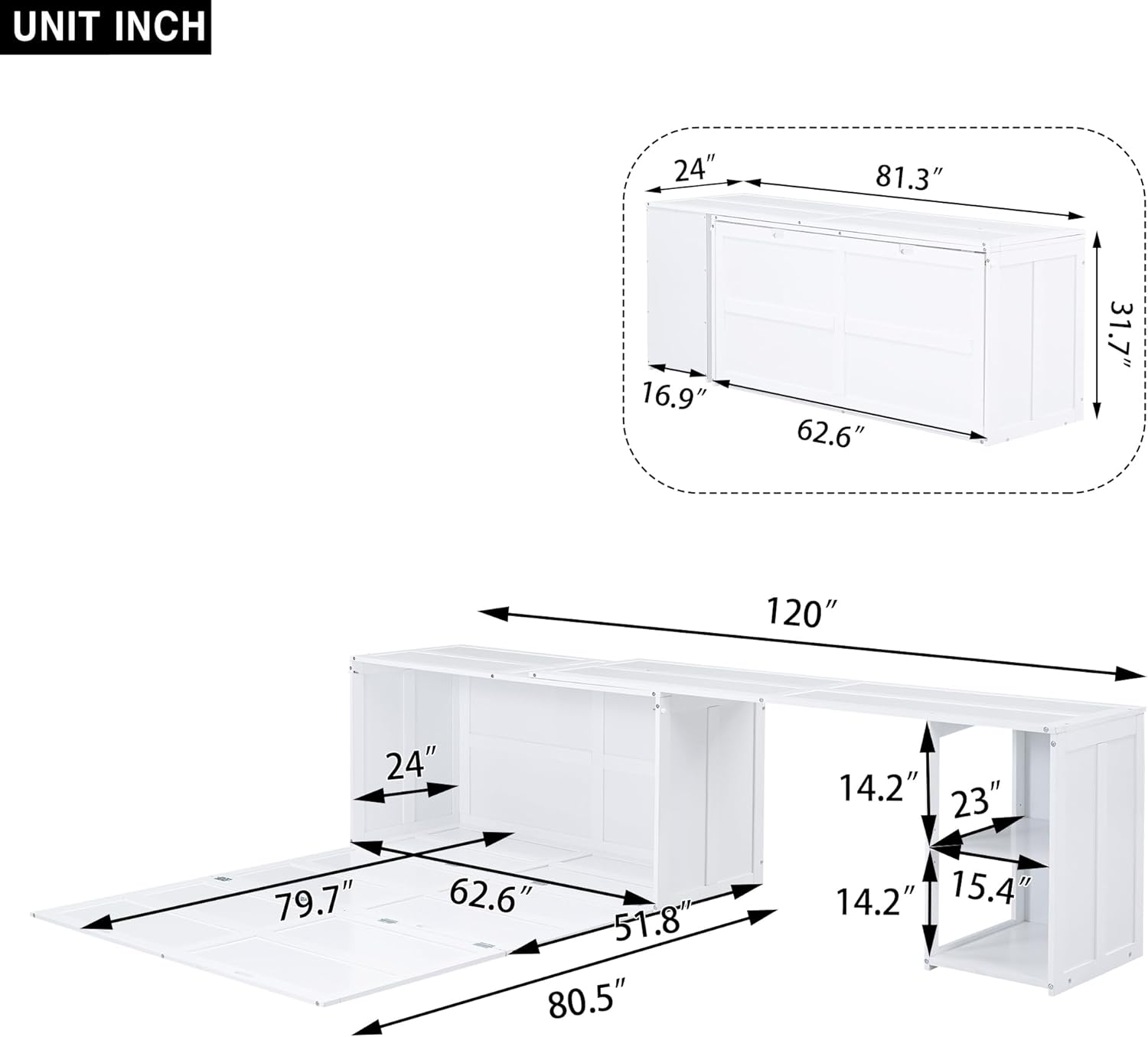 Murphy Cube Queen Cabinet Bed with Rotable Desk and Storage Shelves, Wood Foldable Floor Queen Size Bed Frame for Home Office Studio, White
