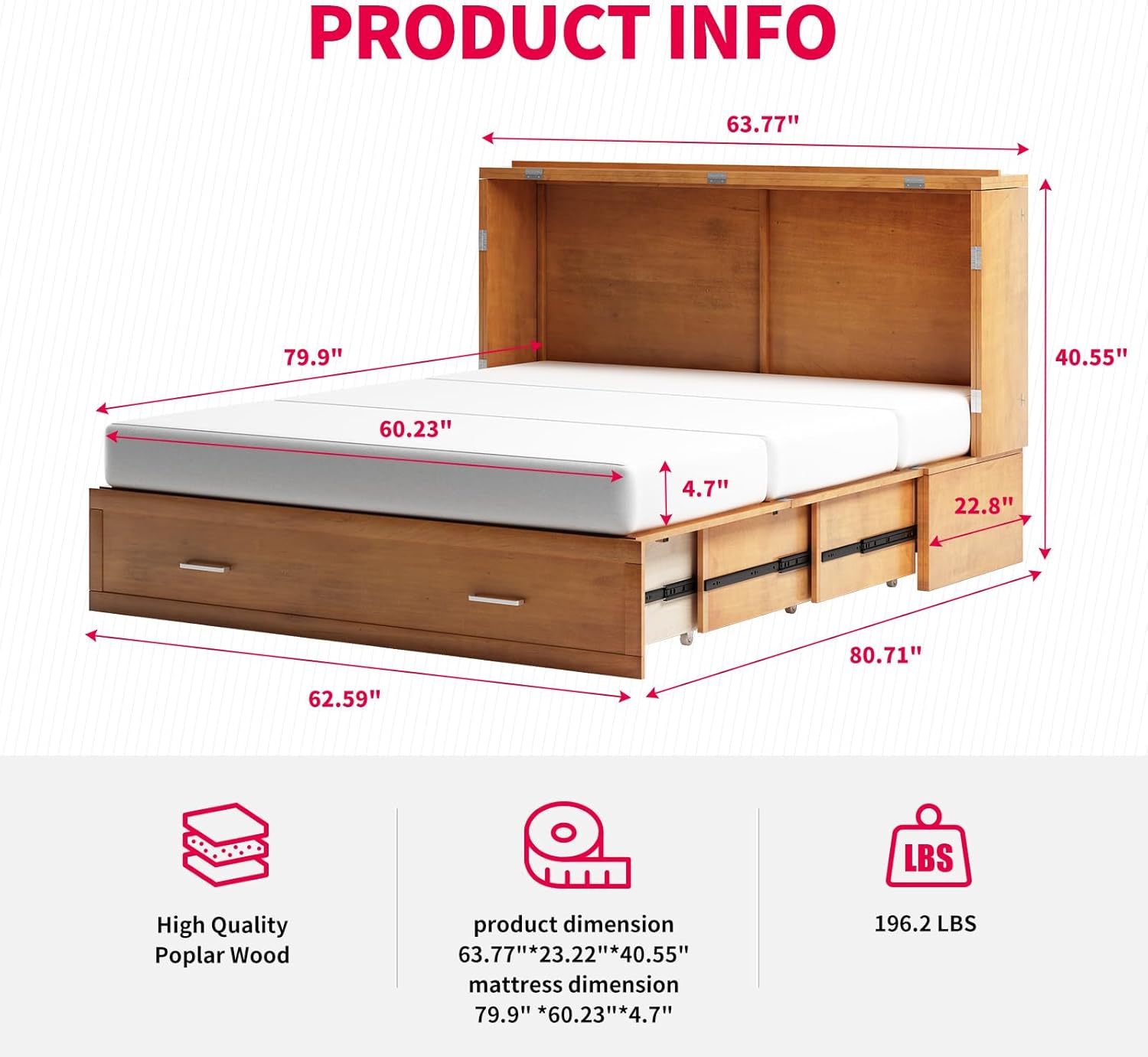 MUZZ Queen Size Murphy Cabinet Bed with Memory Foam Mattress, Charging Station and Large Drawer (Queen, Cherry) MUZZ Queen Size Murphy Cabinet Bed with Memory Foam Mattress, Charging Station and Large Drawer (Queen, Cherry)