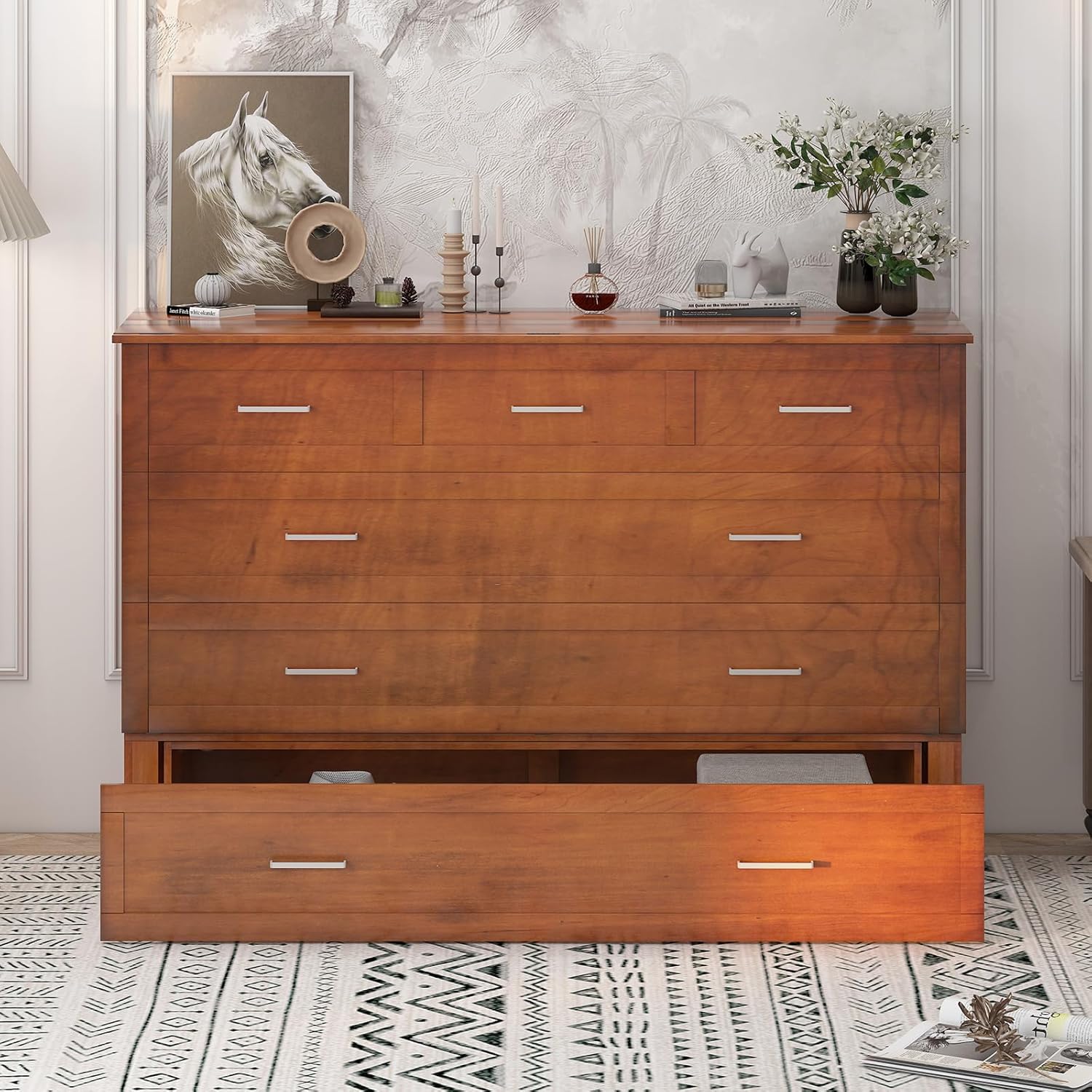 MUZZ Queen Size Murphy Cabinet Bed with Memory Foam Mattress, Charging Station and Large Drawer (Queen, Cherry) MUZZ Queen Size Murphy Cabinet Bed with Memory Foam Mattress, Charging Station and Large Drawer (Queen, Cherry)