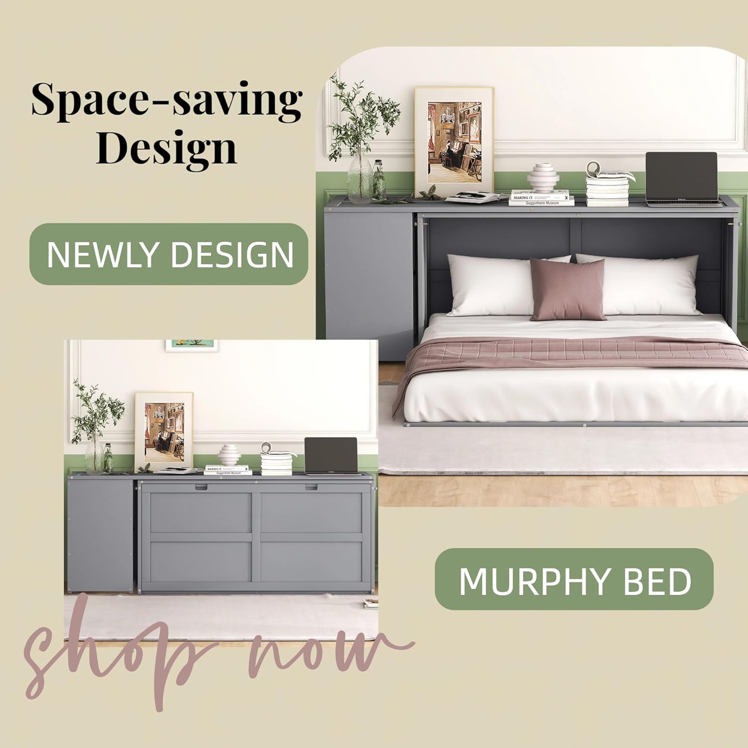 Queen Size Murphy Bed with Rotable Desk Foldining Queen Floor Bed Frame Cabinet Bed Versatile Wood Platform Bed, Space Saving Design, Gray