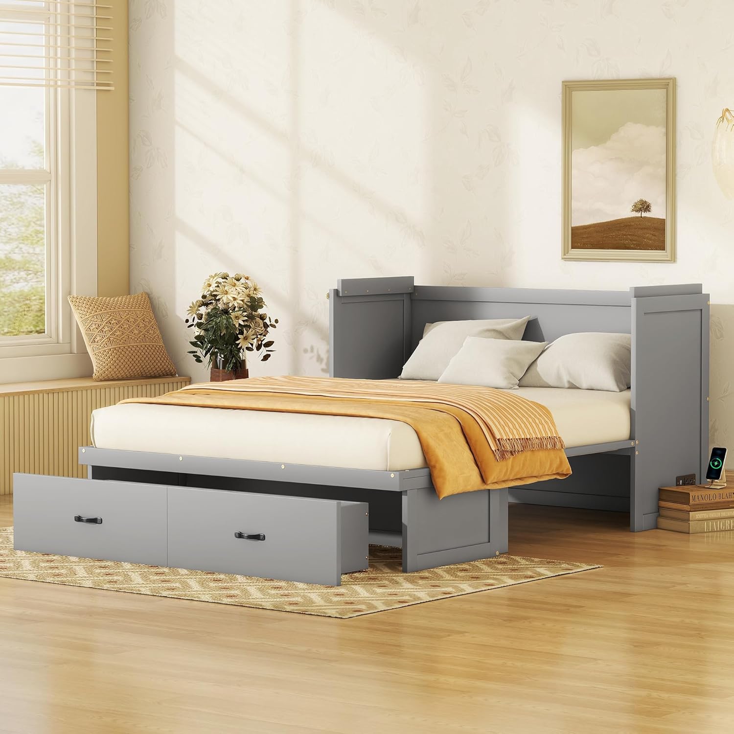 Queen Size Murphy Chest Bed with USB Port and a Large Storage Drawer, Modern Foldable Cube Cabinet Bed, Space Saving Mobile Murphy Platform Bedframe, Storage Wall Bed for Guest Room Home Office