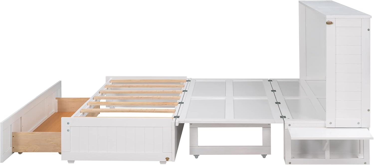 SOFTSEA Queen Cube Cabinet Bed with Drawers and Side Shelves Modern Murphy Bed Foldable Platform Bed Frame for Guest Room or Home Office
