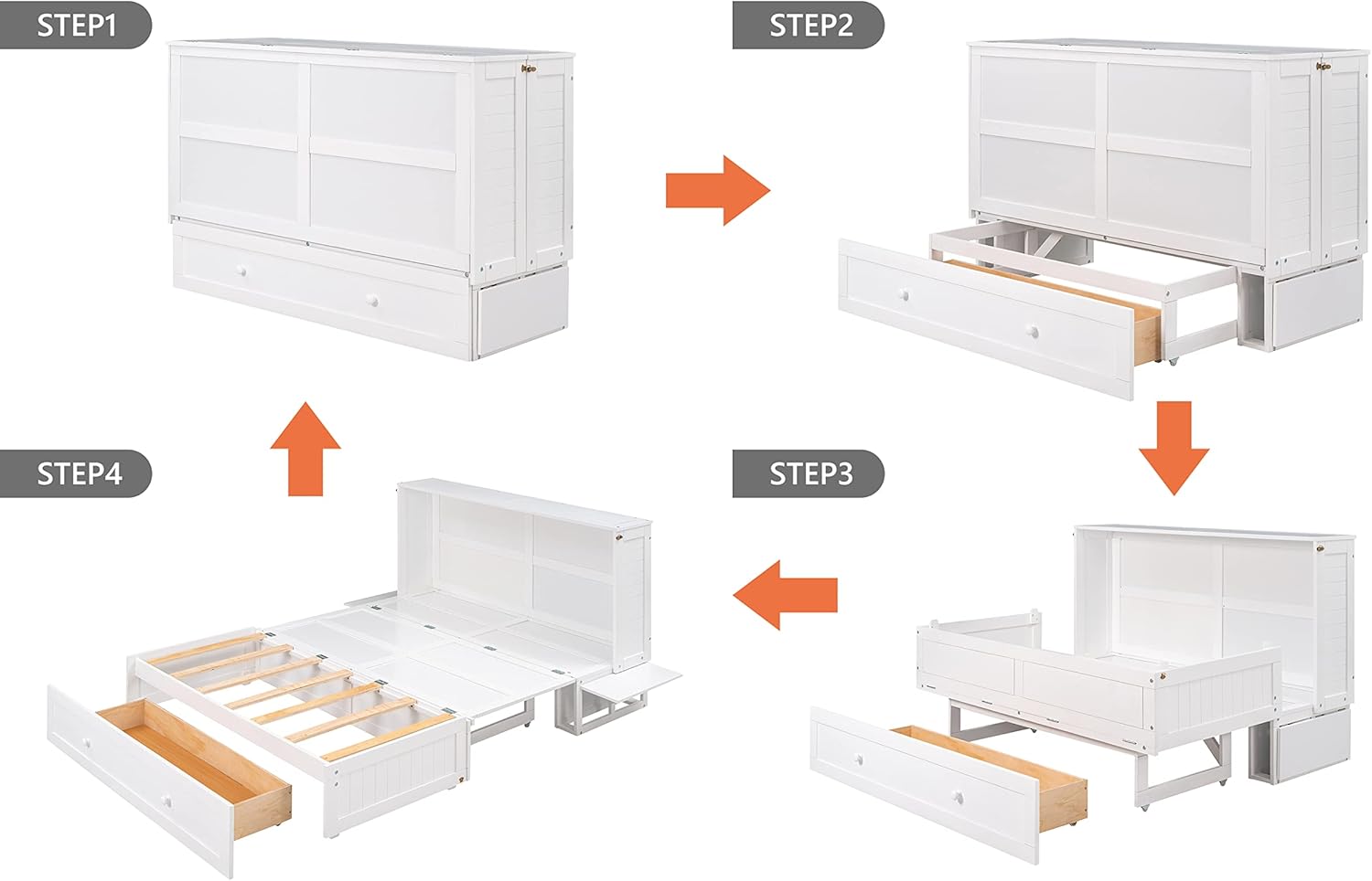 SOFTSEA Queen Cube Cabinet Bed with Drawers and Side Shelves Modern Murphy Bed Foldable Platform Bed Frame for Guest Room or Home Office