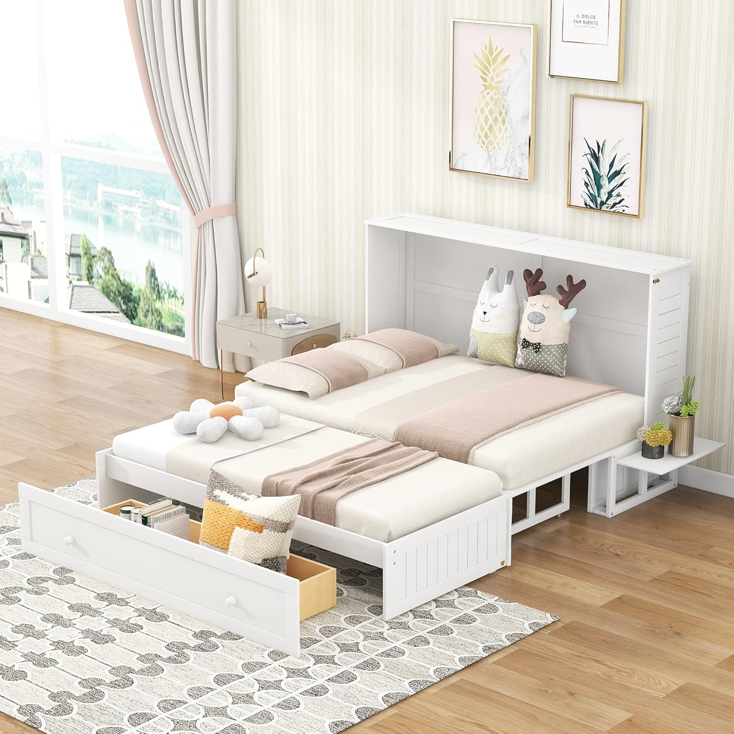 SOFTSEA Queen Cube Cabinet Bed with Drawers and Side Shelves Modern Murphy Bed Foldable Platform Bed Frame for Guest Room or Home Office