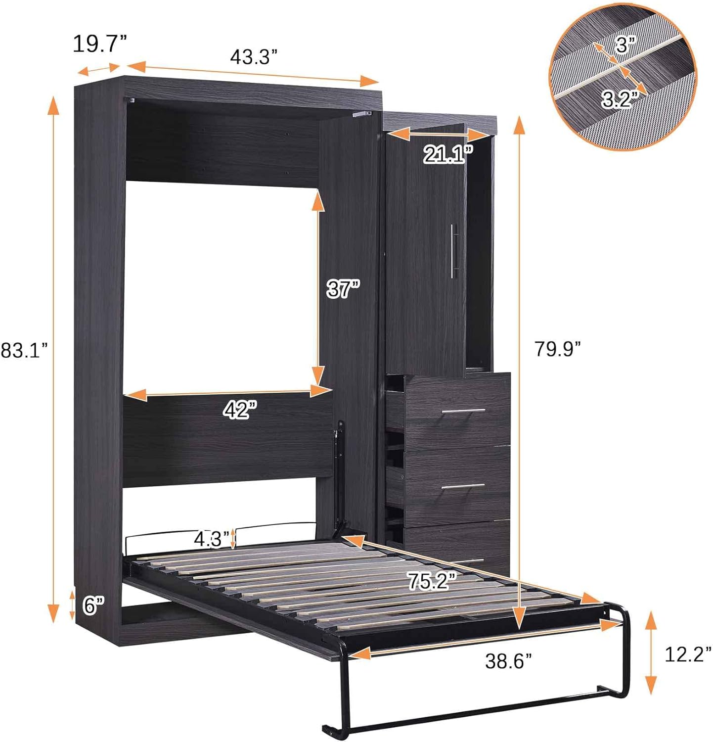 ATY Twin Size Murphy Bed with Wardrobe and Drawers, Wood Storage Bedframe Can be Folded into a Cabinet, Bedroom Furniture, Save Space Design, No Box Spring Required, Gray