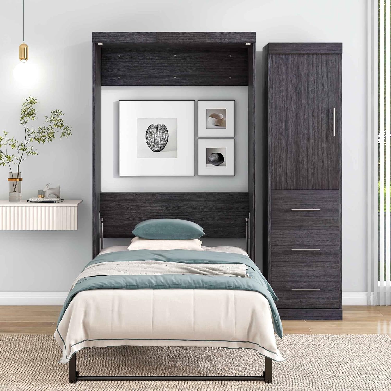 ATY Twin Size Murphy Bed with Wardrobe and Drawers, Wood Storage Bedframe Can be Folded into a Cabinet, Bedroom Furniture, Save Space Design, No Box Spring Required, Gray