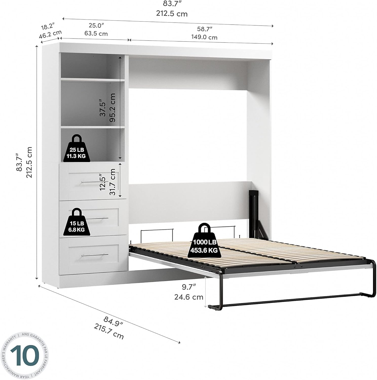 Bestar Pur Full Size Murphy Bed with Shelving Unit (84W) in White, Space-Saving Sleeping Arrangement for Multipurpose Bedroom