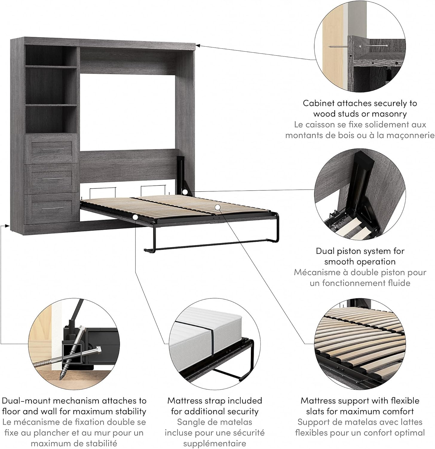 Bestar Pur Full Size Murphy Bed with Shelving Unit (84W) in White, Space-Saving Sleeping Arrangement for Multipurpose Bedroom