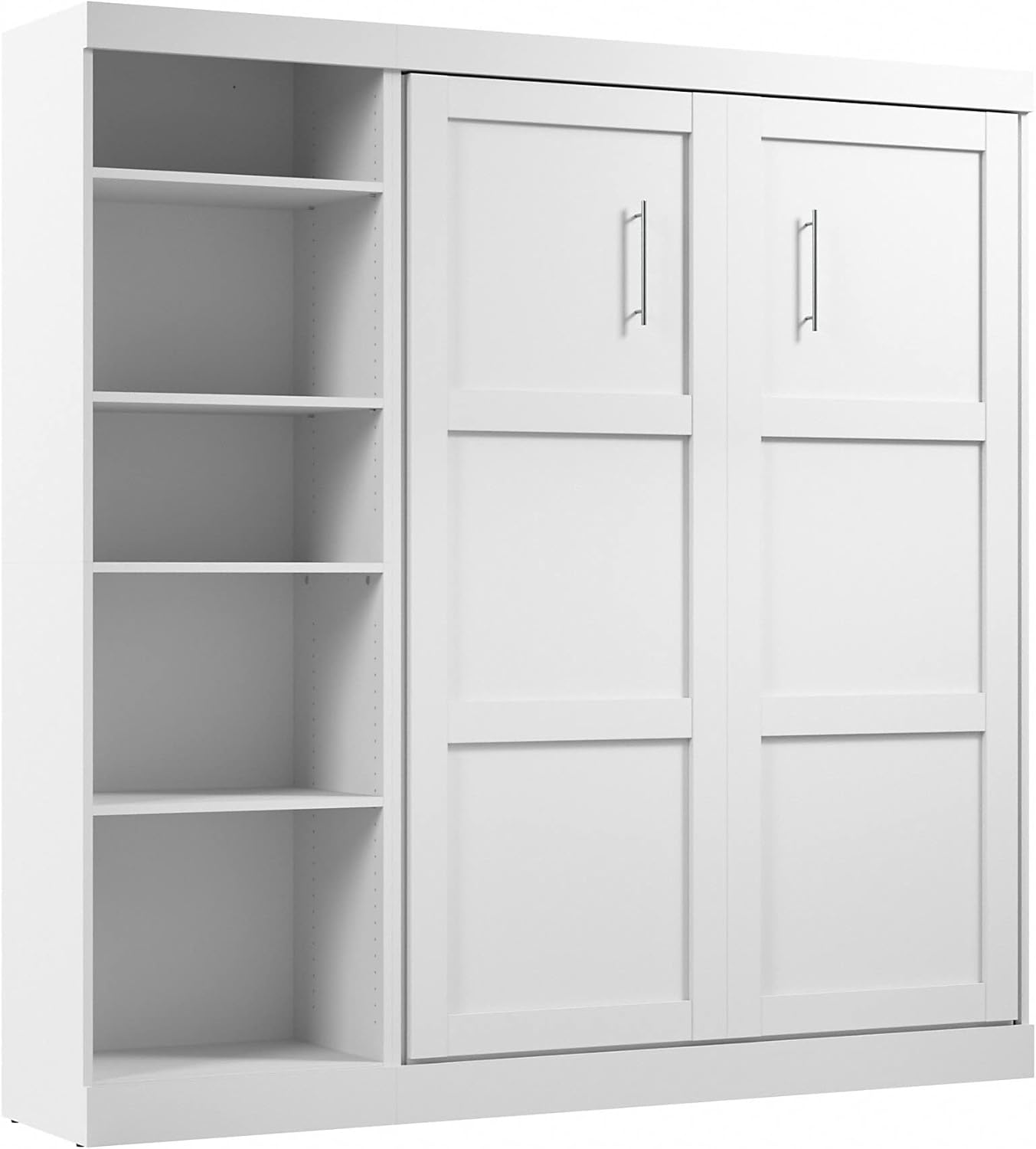 Bestar Pur Full Size Murphy Bed with Shelving Unit (84W) in White, Space-Saving Sleeping Arrangement for Multipurpose Bedroom