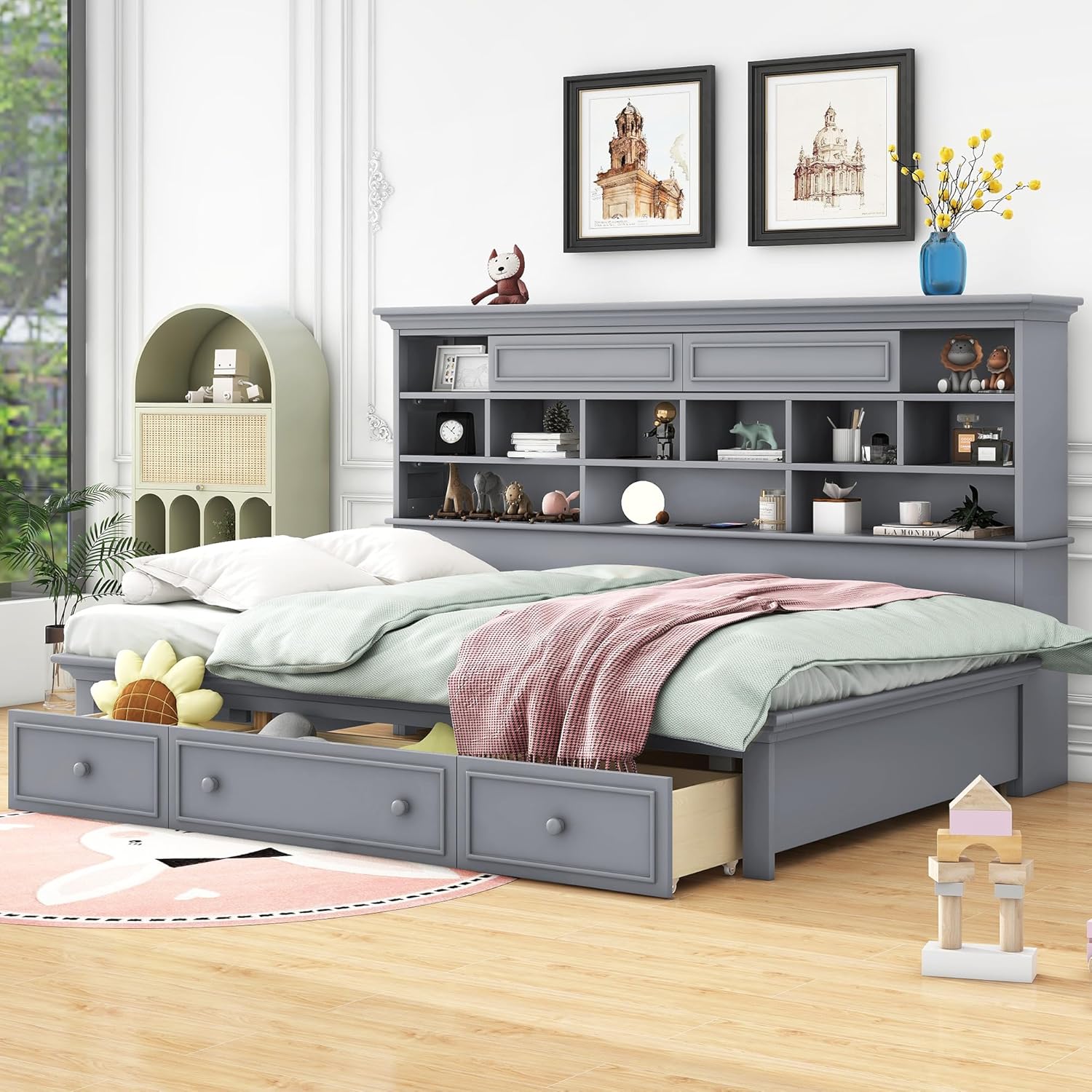 BIADNBZ Twin Size Daybed with Multi-Storage Shelves and Drawers,Wooden BedFrame with Charging Station for Bedroom,Gray
