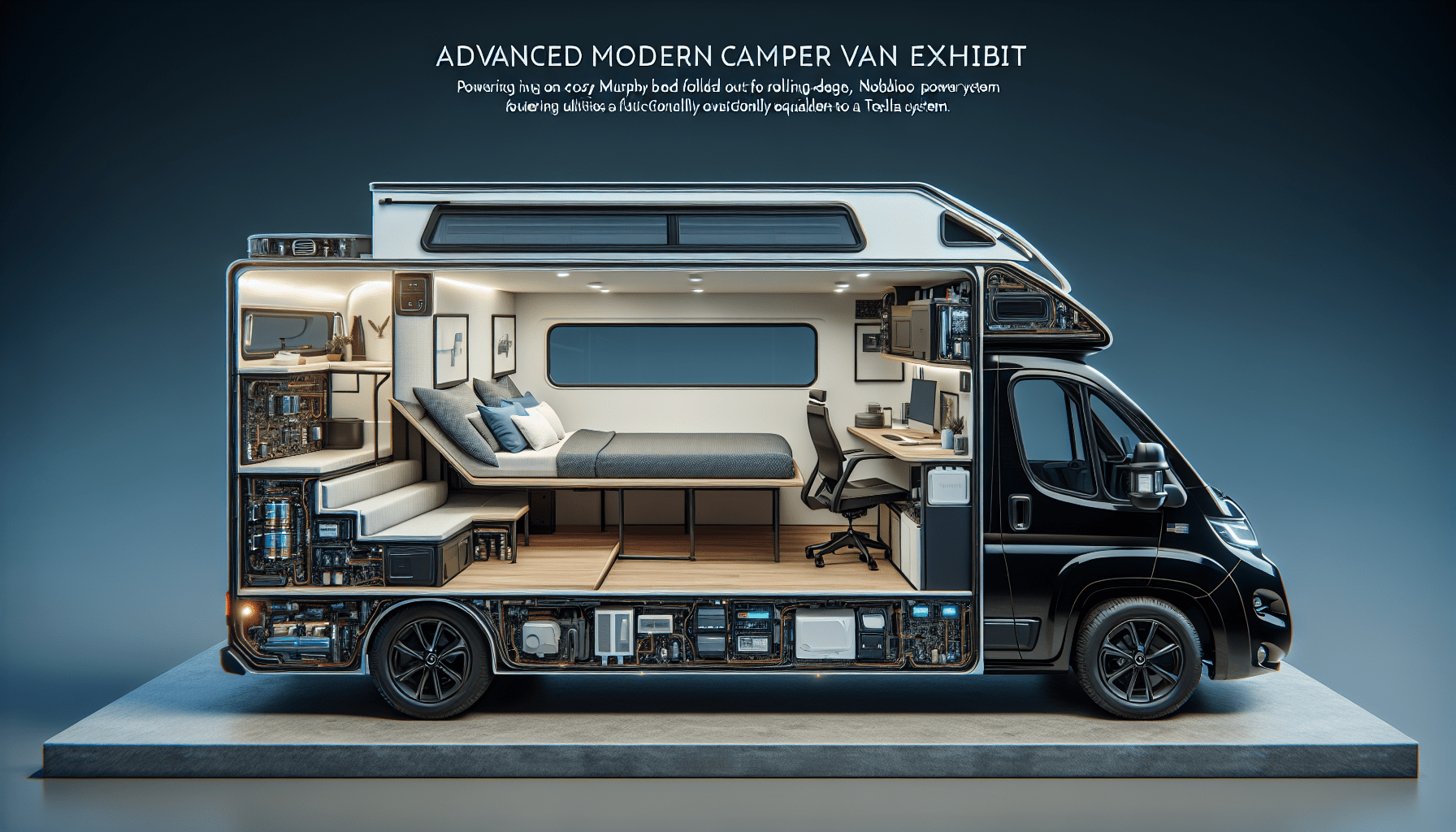 Cleverly designed camper van with Murphy bed, office, and Tesla power system