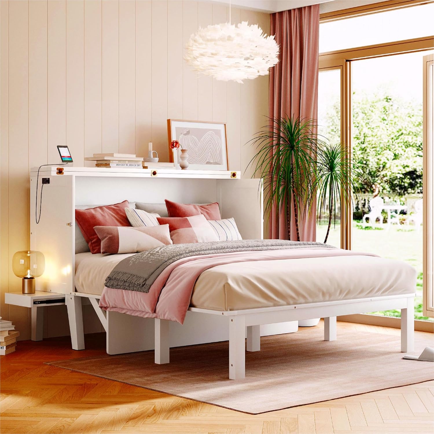 Quarte Multifunctional Queen Size Murphy Bed with USB Port and Removable Shelves on Each Side,Solid Wood Storage Bed for Small Spaces Apartments Studio (White/Murphy11)