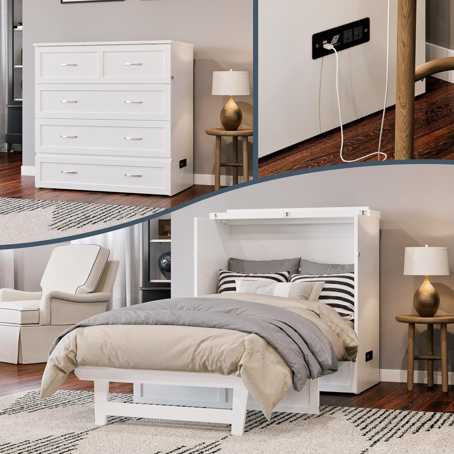 AFI Northfield Full Size Murphy Bed Chest with Mattress, Storage,  Built-in Charger in Walnut