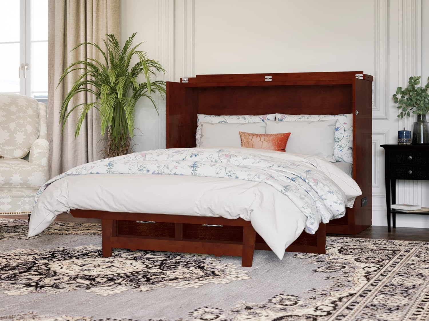 AFI Northfield Full Size Murphy Bed Chest with Mattress, Storage,  Built-in Charger in Walnut