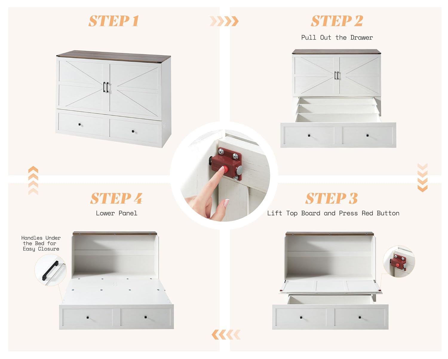 AMERLIFE Queen Murphy Bed with Storage  Charging Station, Farmhouse Murphy Cabinet with Foldable Panel, Noisy Free, for Guest Bedroom, Living Room, Office, Distressed White  Barnwood