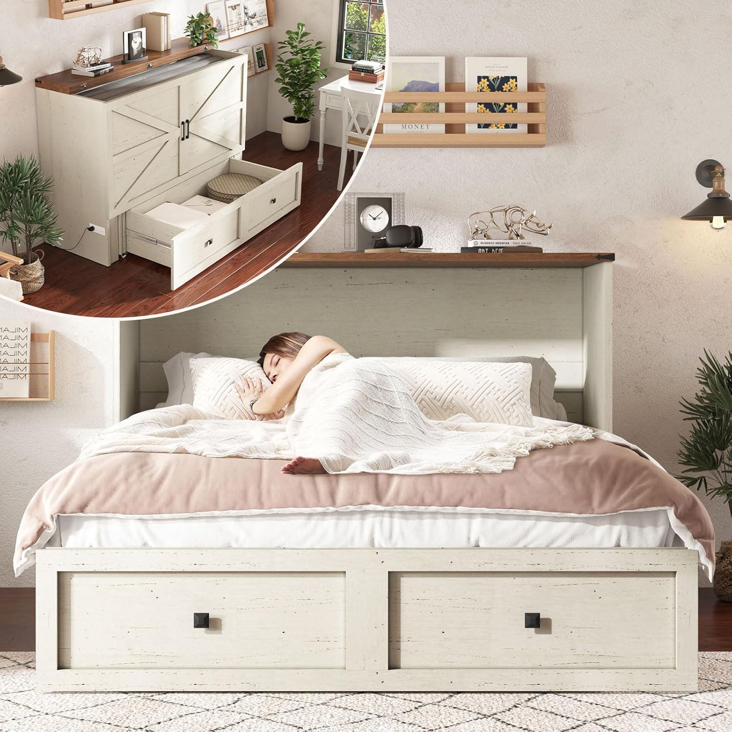 AMERLIFE Queen Murphy Bed with Storage  Charging Station, Farmhouse Murphy Cabinet with Foldable Panel, Noisy Free, for Guest Bedroom, Living Room, Office, Distressed White  Barnwood