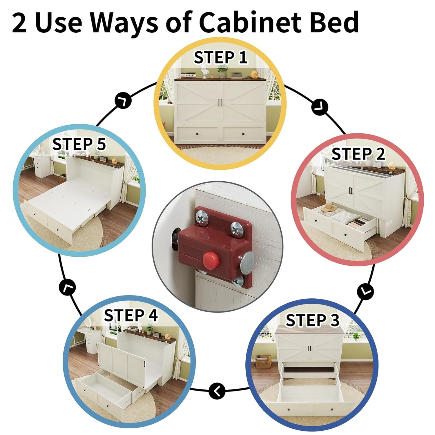 Murphy Bed with Charging Station, Queen Size Cabinet Bed with Large Storage Drawer for Home Office or Small Room, Hideaway Full Foldable Platform Bed, Barnwood+White