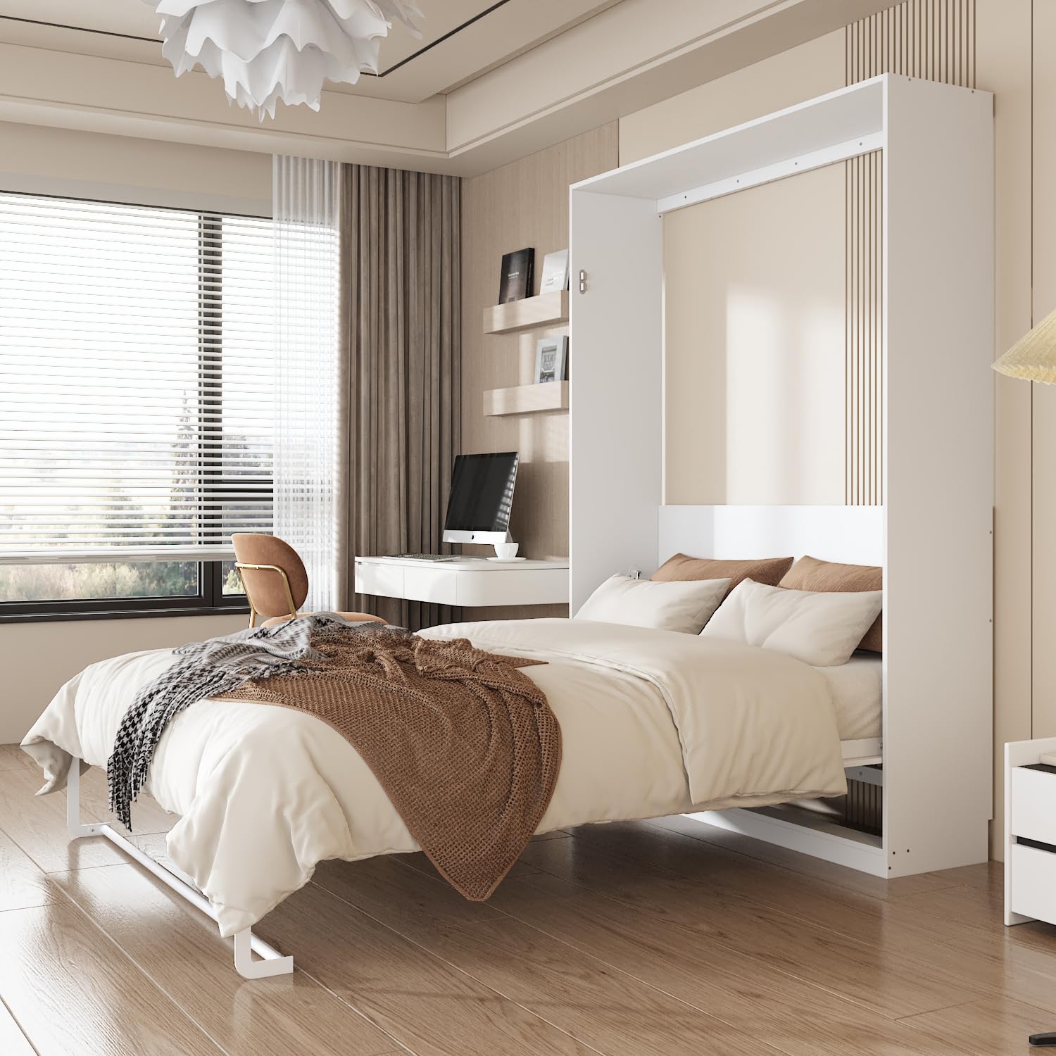 WOODTIME 2-in-1 Queen Size Murphy Bed Frame, Modern Foldable Cabinet Platform Bedframe, Metal Slat Support, Space-Saving, No Box Spring Needed, White, 86.8 L x 64.6 W x 85.6 H