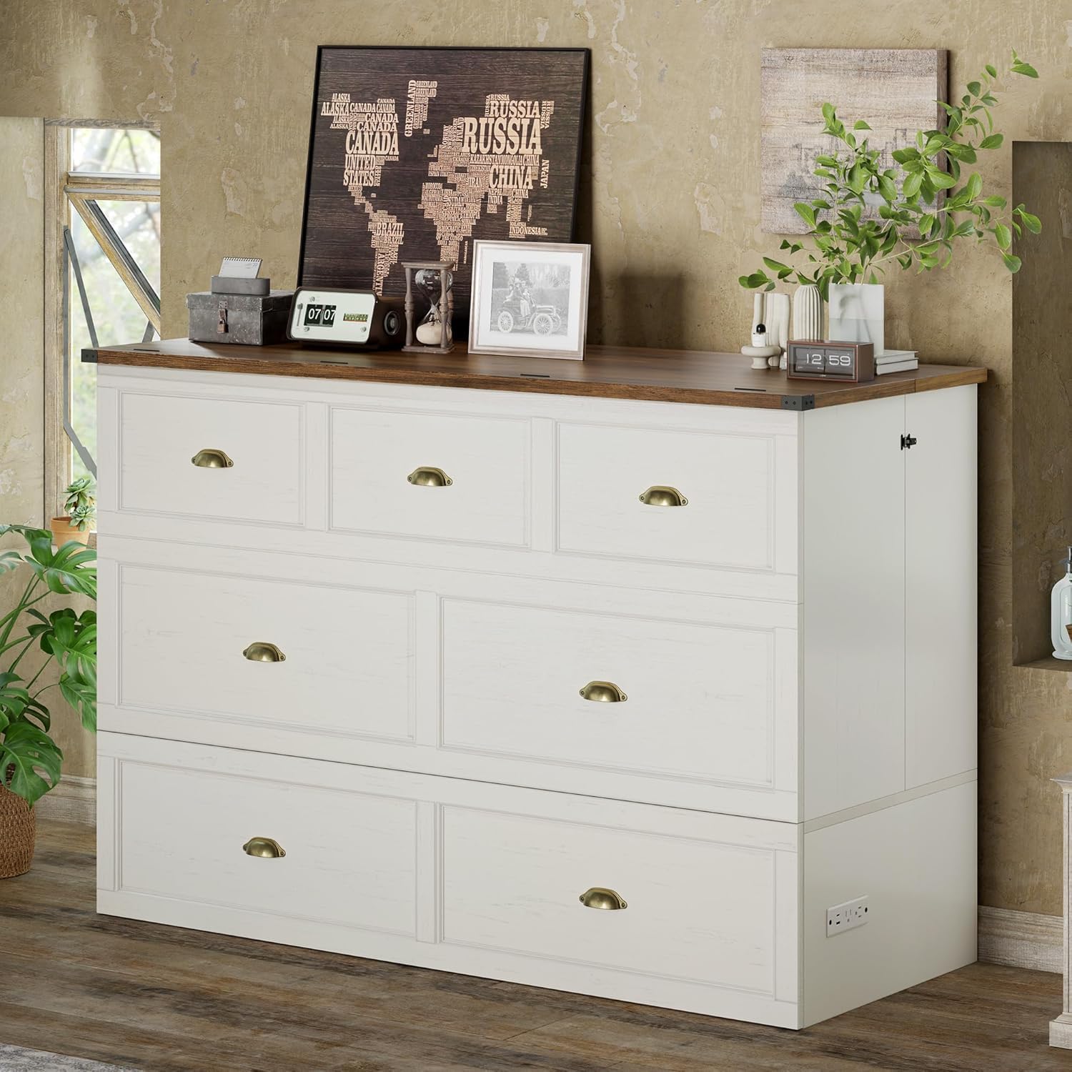 AMERLIFE Queen Size Murphy Bed, Farmhouse Wooden Cabinet with Charging Station and Storage Drawer for Bedroom/Office/Guest Room, White+Barnwood