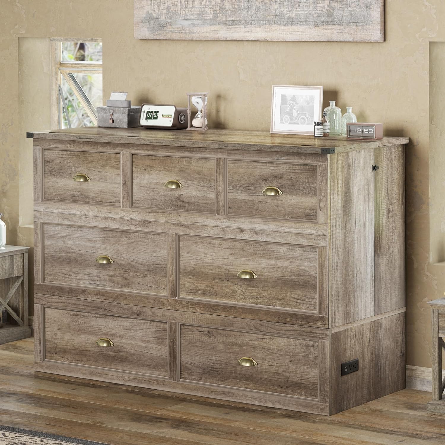 AMERLIFE Queen Size Murphy Bed, Farmhouse Wooden Cabinet with Charging Station and Storage Drawer for Bedroom/Office/Guest Room, White+Barnwood