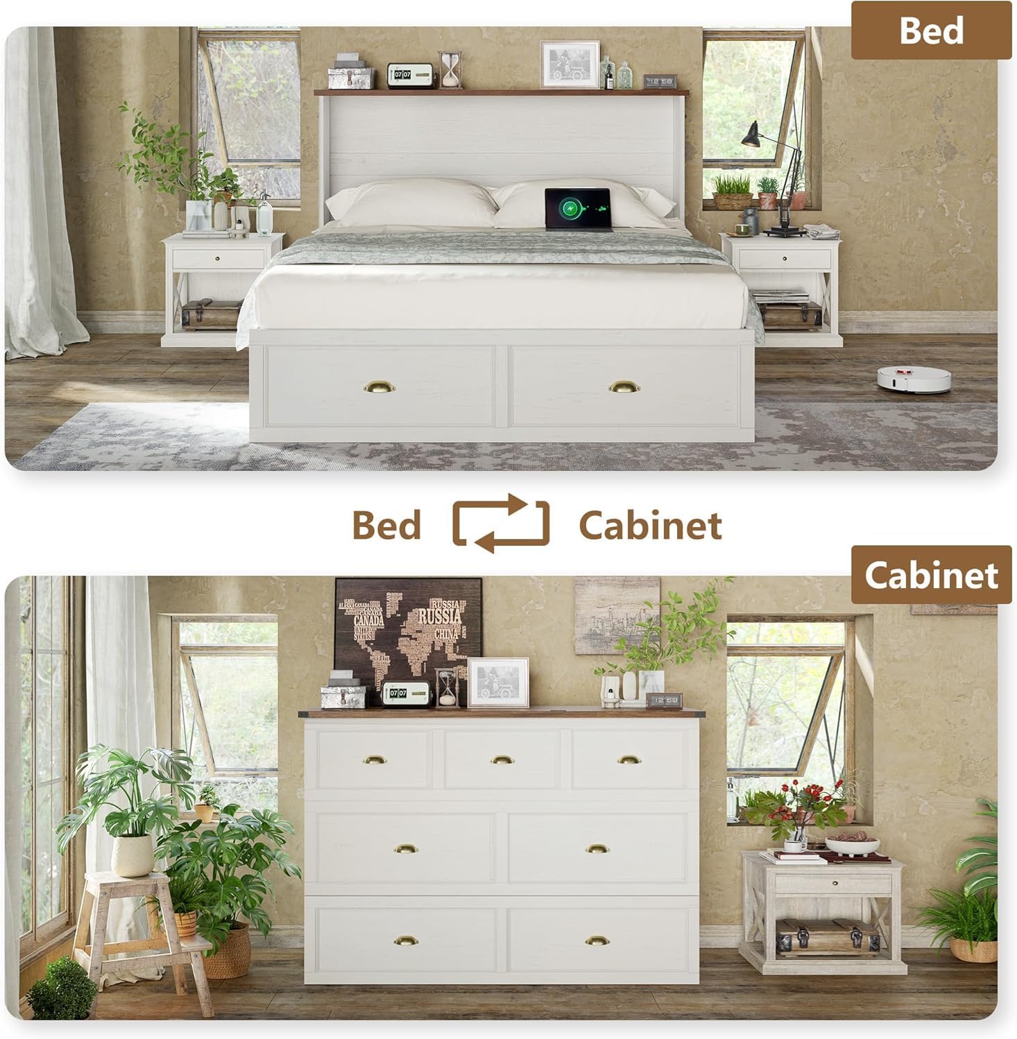 AMERLIFE Queen Size Murphy Bed, Farmhouse Wooden Cabinet with Charging Station and Storage Drawer for Bedroom/Office/Guest Room, White+Barnwood