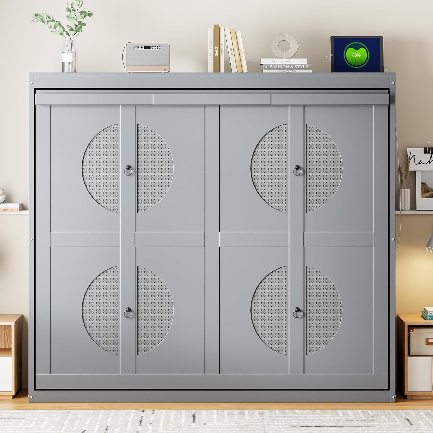 Ball  Cast Murphy Bed Full Size,Wall Beds with Charging Station and Storage Top,Slat Support,Wood Hideaway Cabinet Bedframe w/Leg,can be Folded,Space-Saving,for Small Room,Dorms,Gray