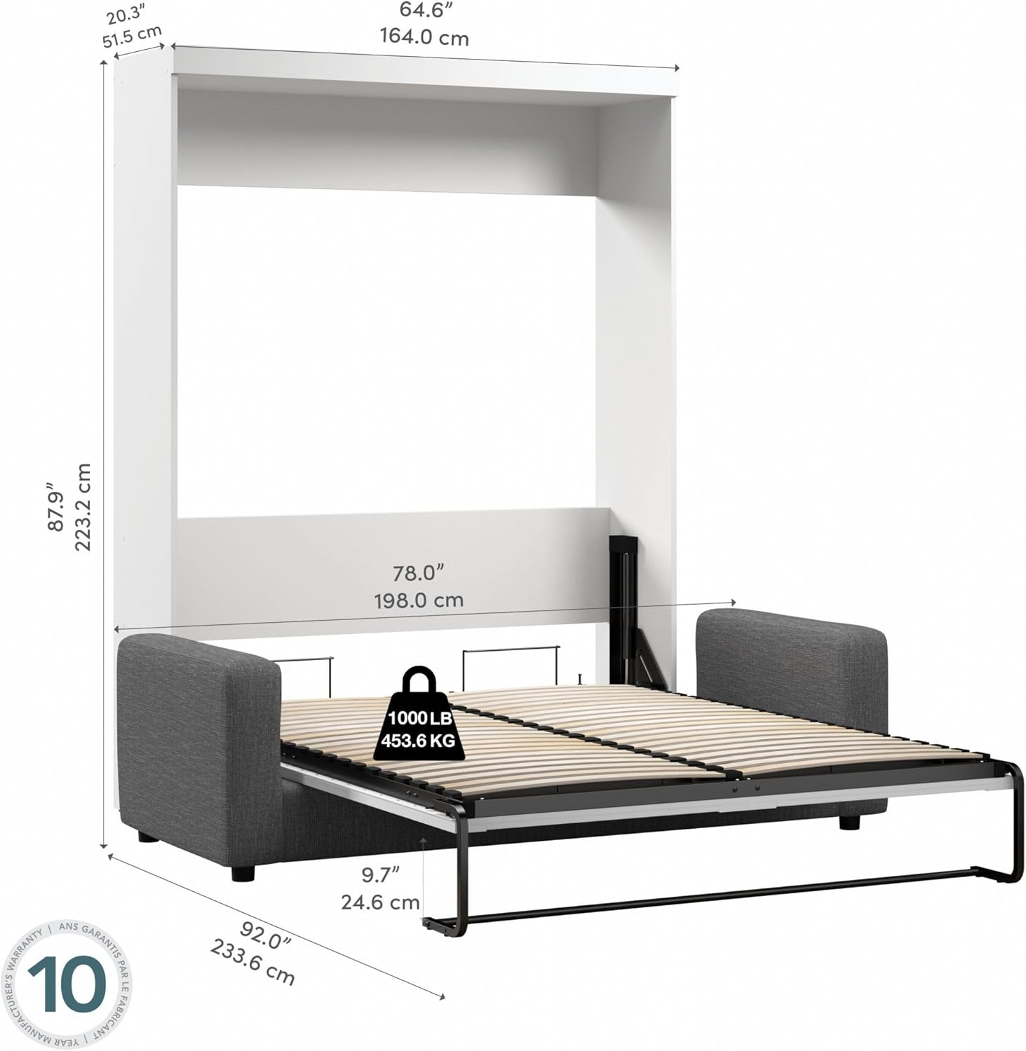 Bestar Pur Queen Murphy Bed, 65-inch Space-Saving Sleeping Arrangement for Multipurpose Area, Bedroom, Guest Room, or Living Room