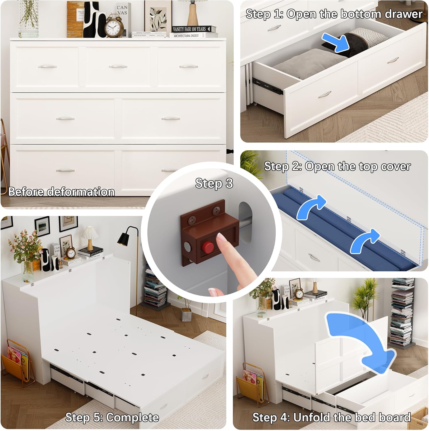 ECACAD Multi-Functional 2-in-1 Murphy Cabinet Bed, Full Size Bed Frame Murphy Bed Chest with Built-in Power Strip  3 Drawers, Full Foldable Platform Bed, White
