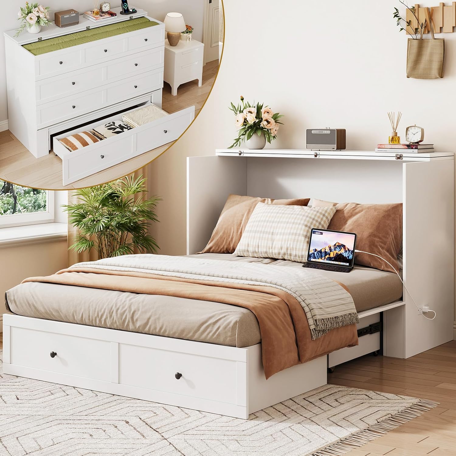 Full Size Murphy Bed with Charging Station  Drawer, Full Size Mobile Cabinet Bed Frame, Murphy Chest Bed for Bedroom, Guest Room