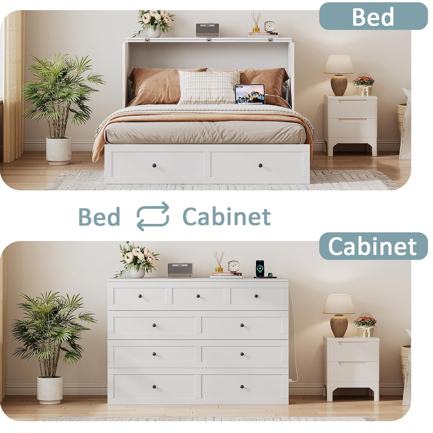 Full Size Murphy Bed with Charging Station  Drawer, Full Size Mobile Cabinet Bed Frame, Murphy Chest Bed for Bedroom, Guest Room