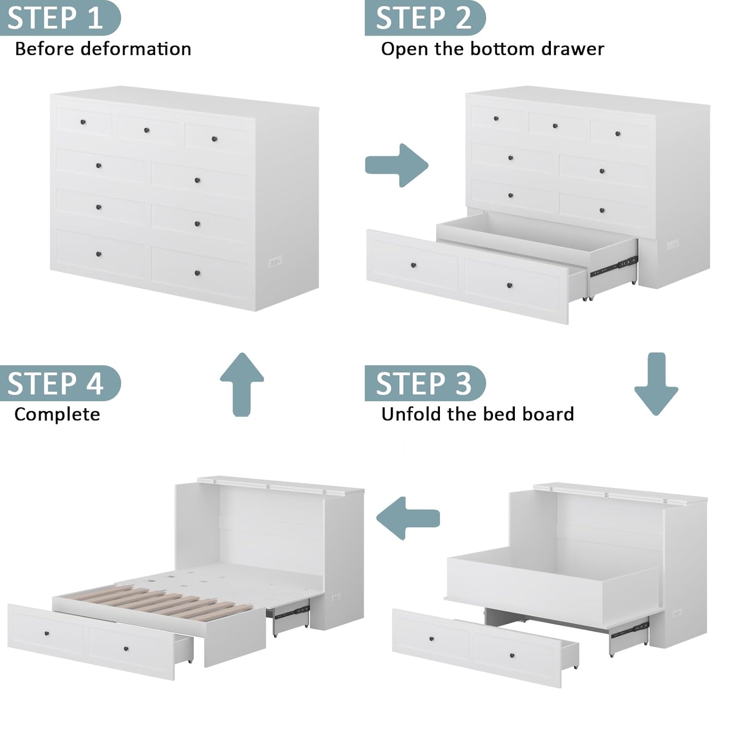 Full Size Murphy Bed with Charging Station  Drawer, Full Size Mobile Cabinet Bed Frame, Murphy Chest Bed for Bedroom, Guest Room