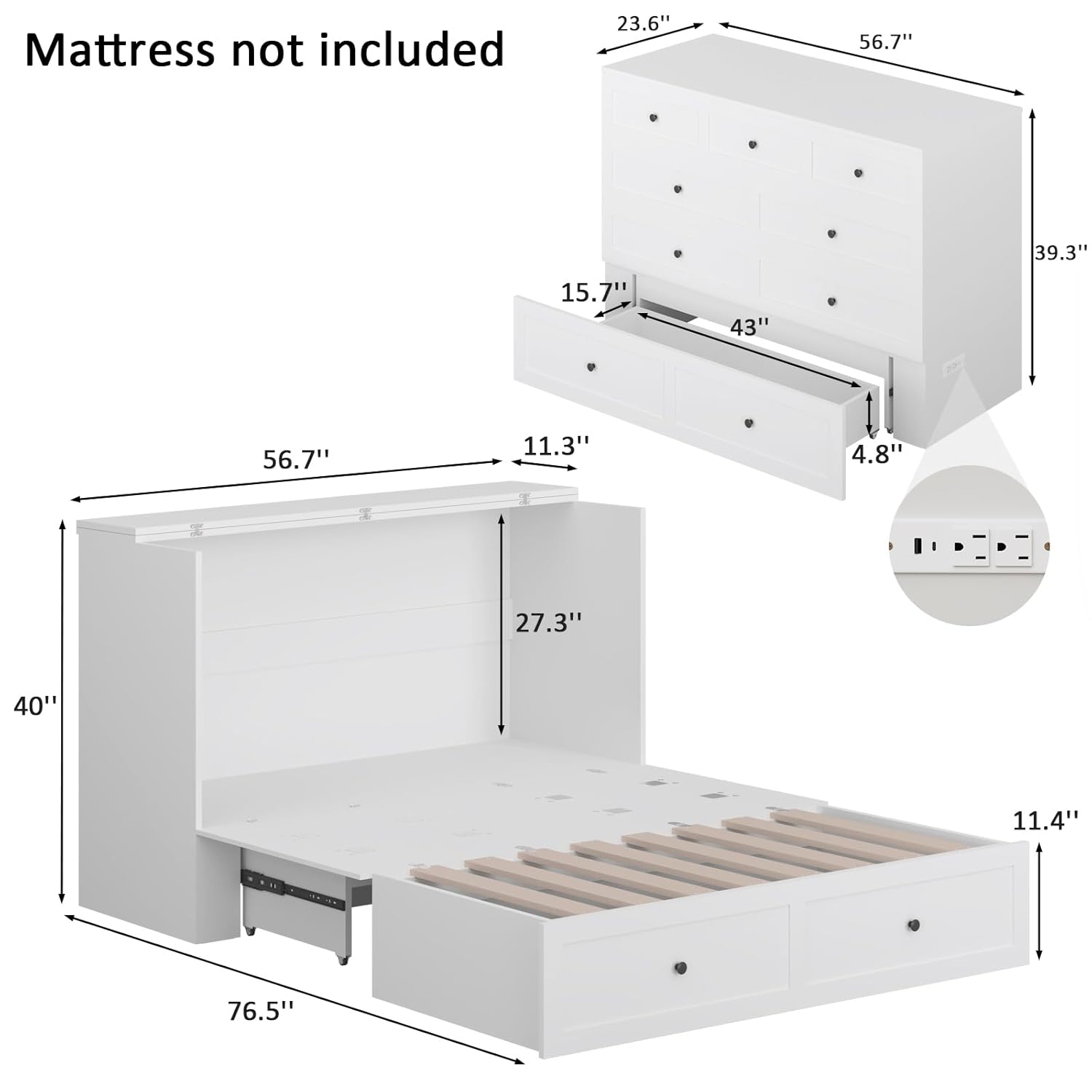 Full Size Murphy Bed with Charging Station  Drawer, Full Size Mobile Cabinet Bed Frame, Murphy Chest Bed for Bedroom, Guest Room