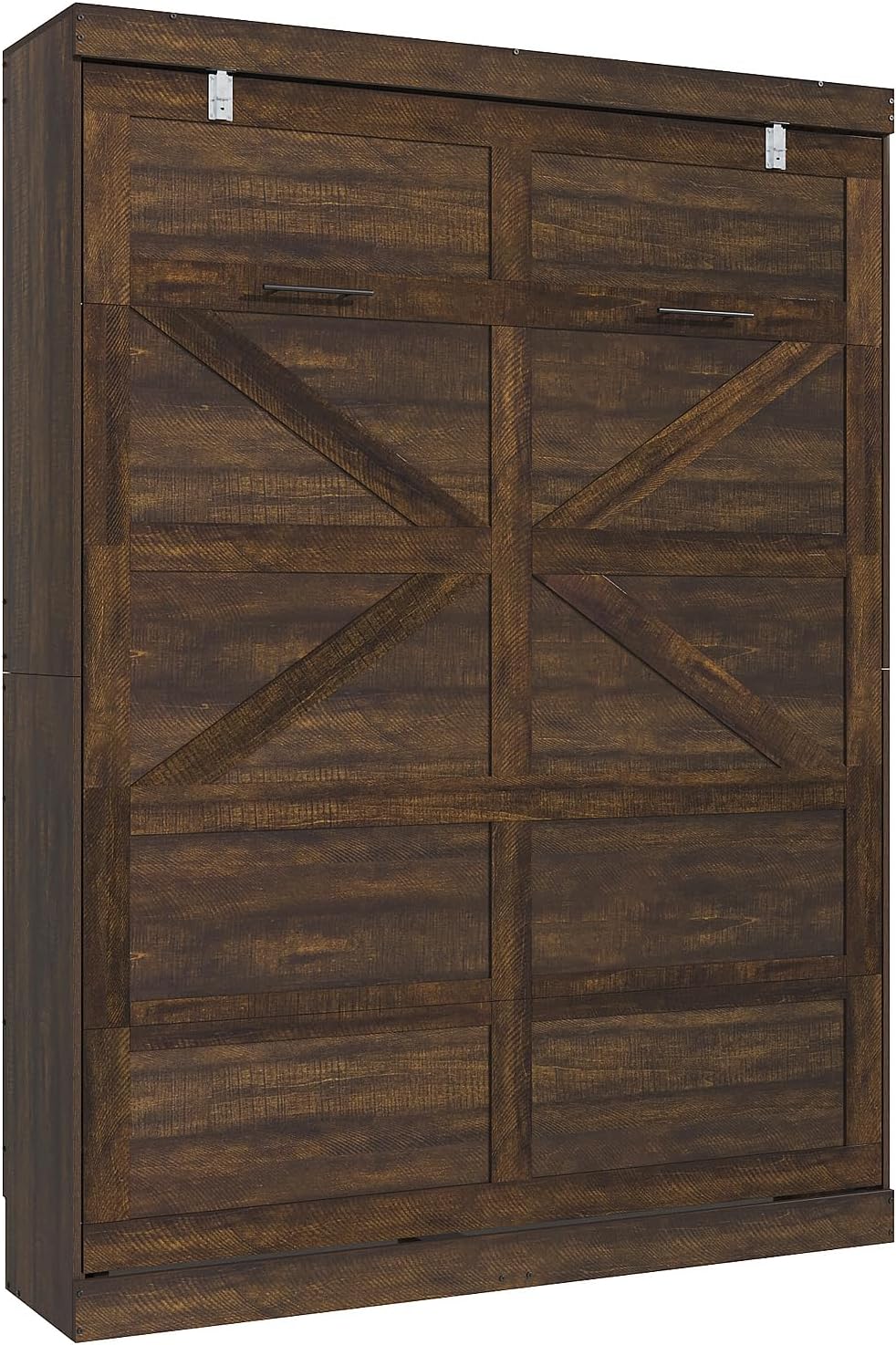 Queen Size Murphy Bed with 2 LED Lights, Farmhouse Wood Hidden Foldable Wall Bed Frame w/Gas Struts, Storage Bed Cabinet for Bedroom, Office, Space-Saving, No Box Spring Needed, Rustic White