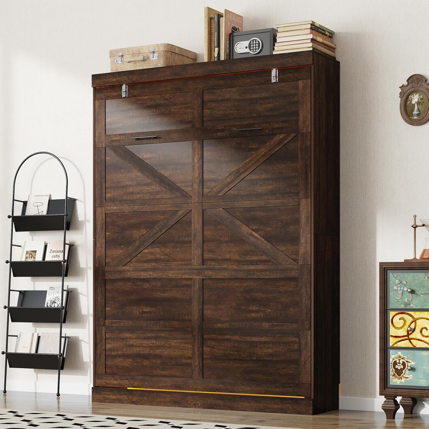 Queen Size Murphy Bed with 2 LED Lights, Farmhouse Wood Hidden Foldable Wall Bed Frame w/Gas Struts, Storage Bed Cabinet for Bedroom, Office, Space-Saving, No Box Spring Needed, Rustic White