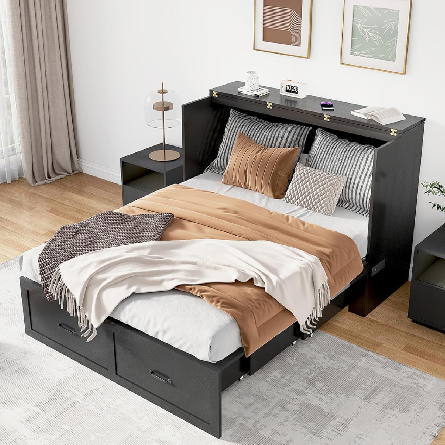 Full Size Murphy Chest Bed with Drawer and Charging Station, Farmhouse Wood Space-Saving Hidden Folding Beds Chest, Multifunctional Storage Cabinet Bed for Bedroom, Office, Rustic White